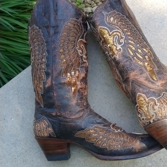 Corral Ladies Distressed Brown Wing Fleur De Lis Sequence Boot size 9.5 - Picture 9 of 16
